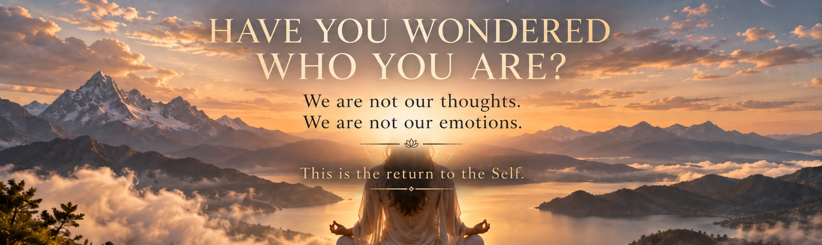 Have you ever wondered who you are? Meditating woman overlooking a luminous mountain landscape at sunrise, with centered text about self-awareness, thoughts, emotions, and the return to the Self.