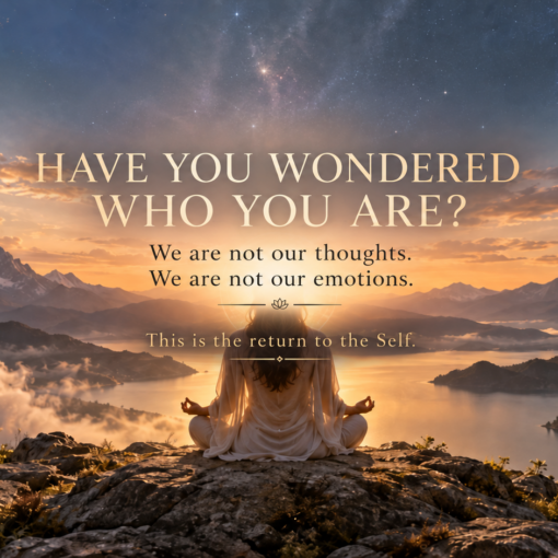 Have you ever wondered who you are? Meditating woman overlooking a luminous mountain landscape at sunrise, with centered text about self-awareness, thoughts, emotions, and the return to the Self.