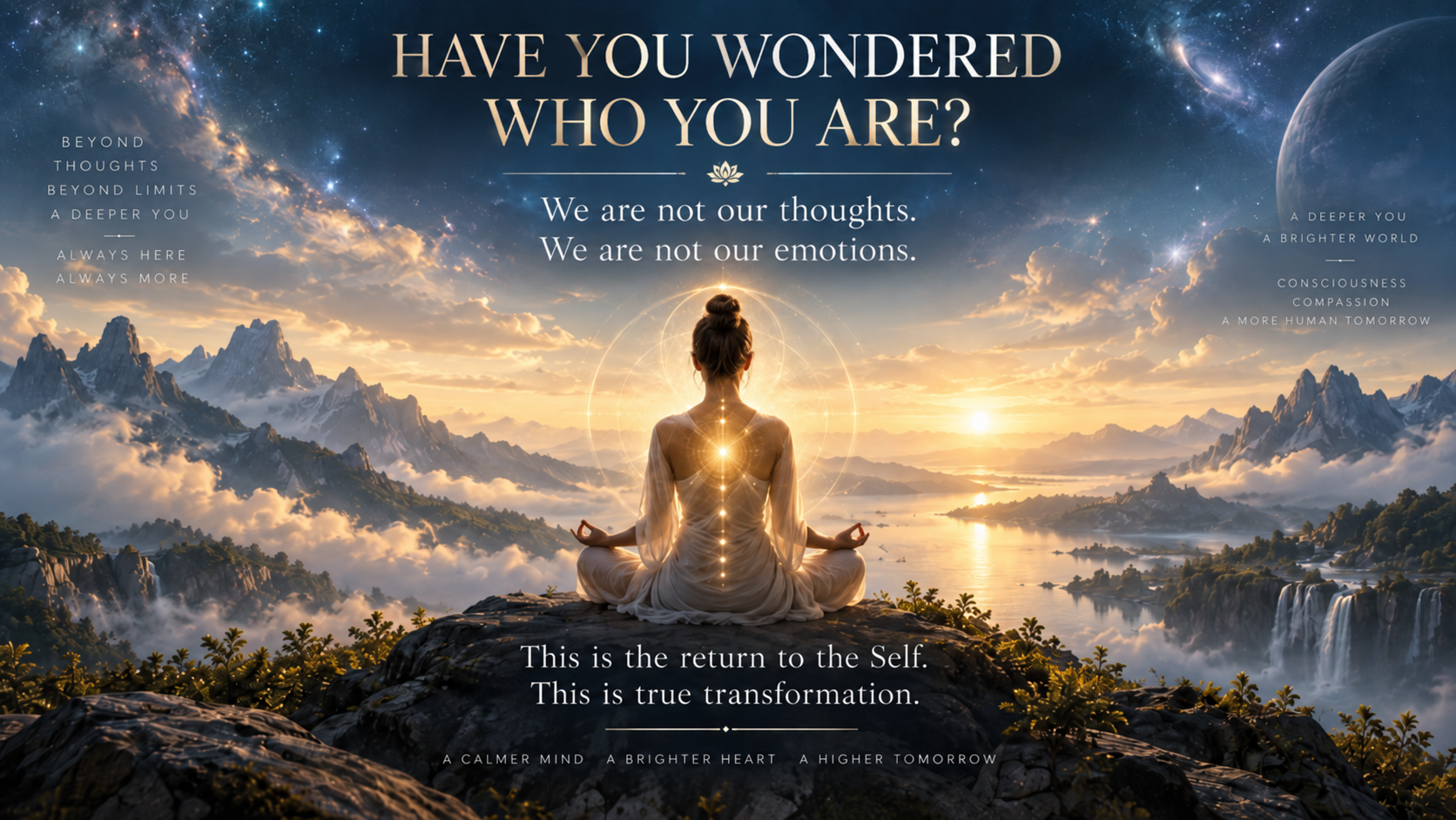 Have you ever wondered who you are? Meditating figure overlooking a luminous mountain landscape beneath a star-filled sky, symbolizing self-awareness, inner observation, freedom from thoughts and emotions, and the return to the Self.