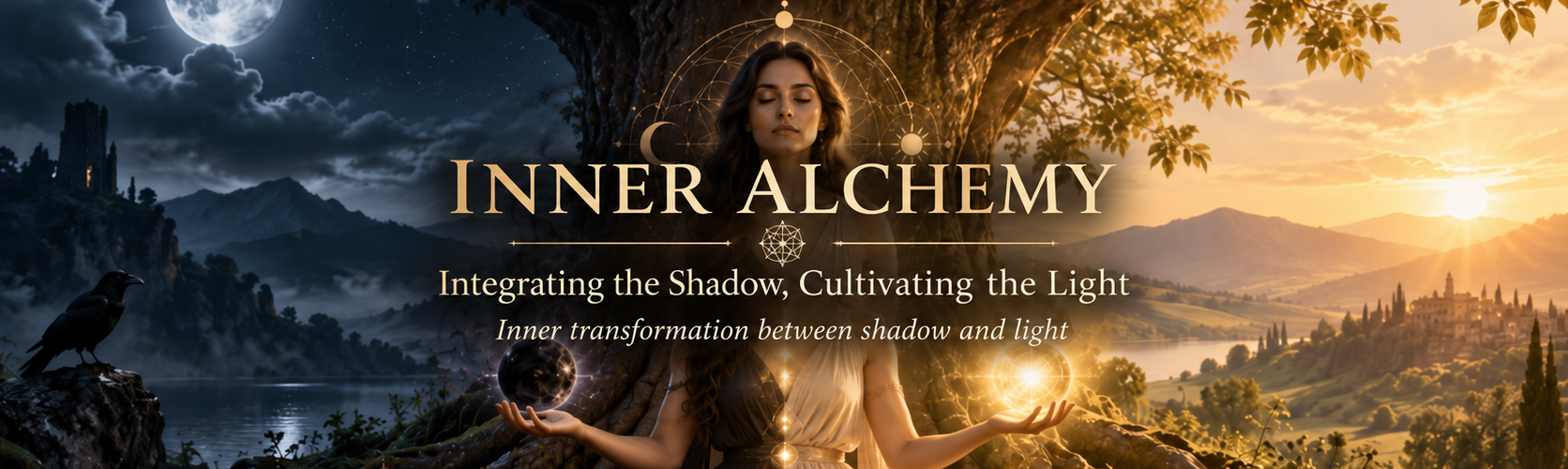 Inner Alchemy - Meditating woman between moonlit darkness and golden light, holding a dark sphere and a radiant orb, symbolizing inner alchemy, shadow integration, and conscious transformation.