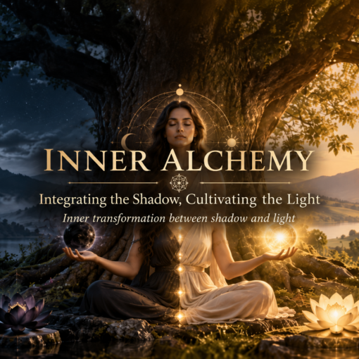 Inner Alchemy - Meditating woman between moonlit darkness and golden light, holding a dark sphere and a radiant orb, symbolizing inner alchemy, shadow integration, and conscious transformation.