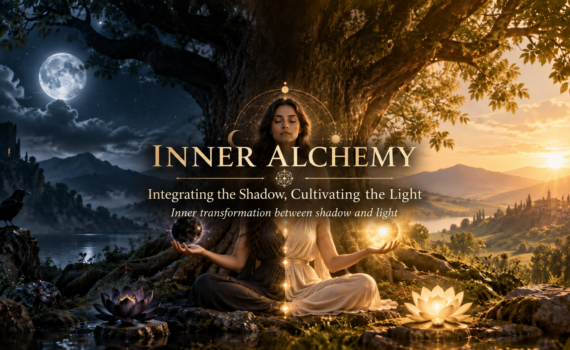 Inner Alchemy - Meditating woman between moonlit darkness and golden light, holding a dark sphere and a radiant orb, symbolizing inner alchemy, shadow integration, and conscious transformation.