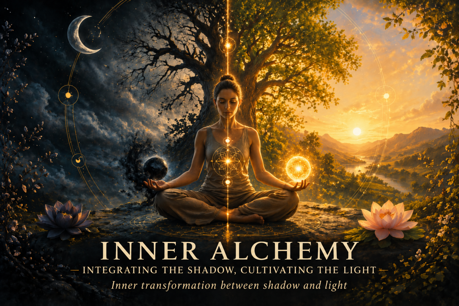 Inner Alchemy - Meditating woman between darkness and light, holding a shadowy sphere and a glowing golden orb, symbolizing inner alchemy, shadow integration, and transformation.