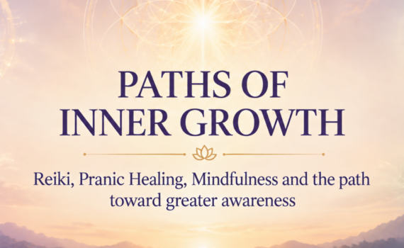 PATHS OF INNER GROWTH -Serene sunrise over a calm lake with distant mountains and glowing sacred geometry, featuring the title “Paths of Inner Growth” and references to Reiki, Pranic Healing, Mindfulness, and greater awareness.