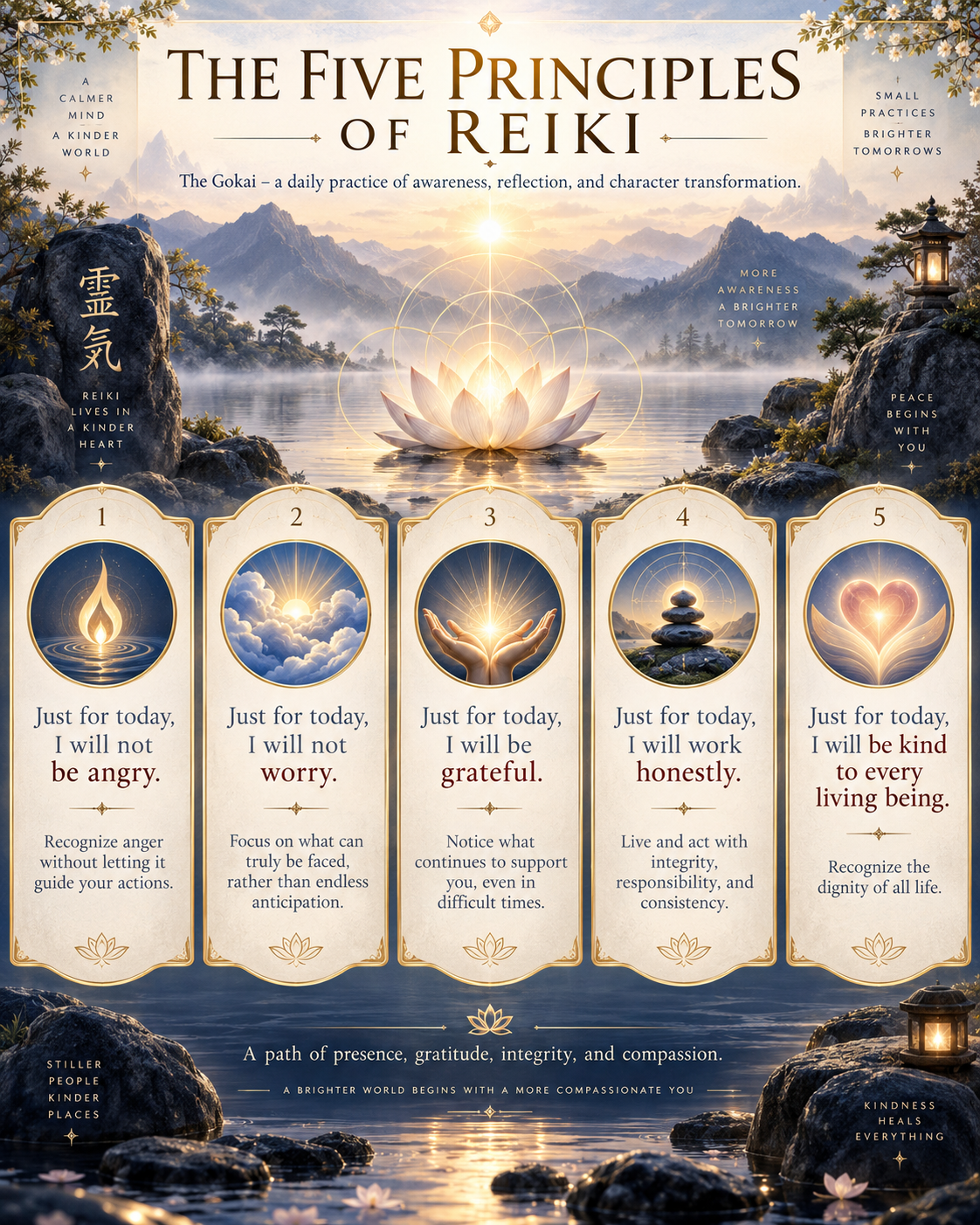 PATHS OF INNER GROWTH - Infographic-style spiritual illustration of the Five Principles of Reiki, set over a peaceful lake and mountain sunrise, with five panels representing the Gokai: not being angry, not worrying, being grateful, working honestly, and being kind to every living being.