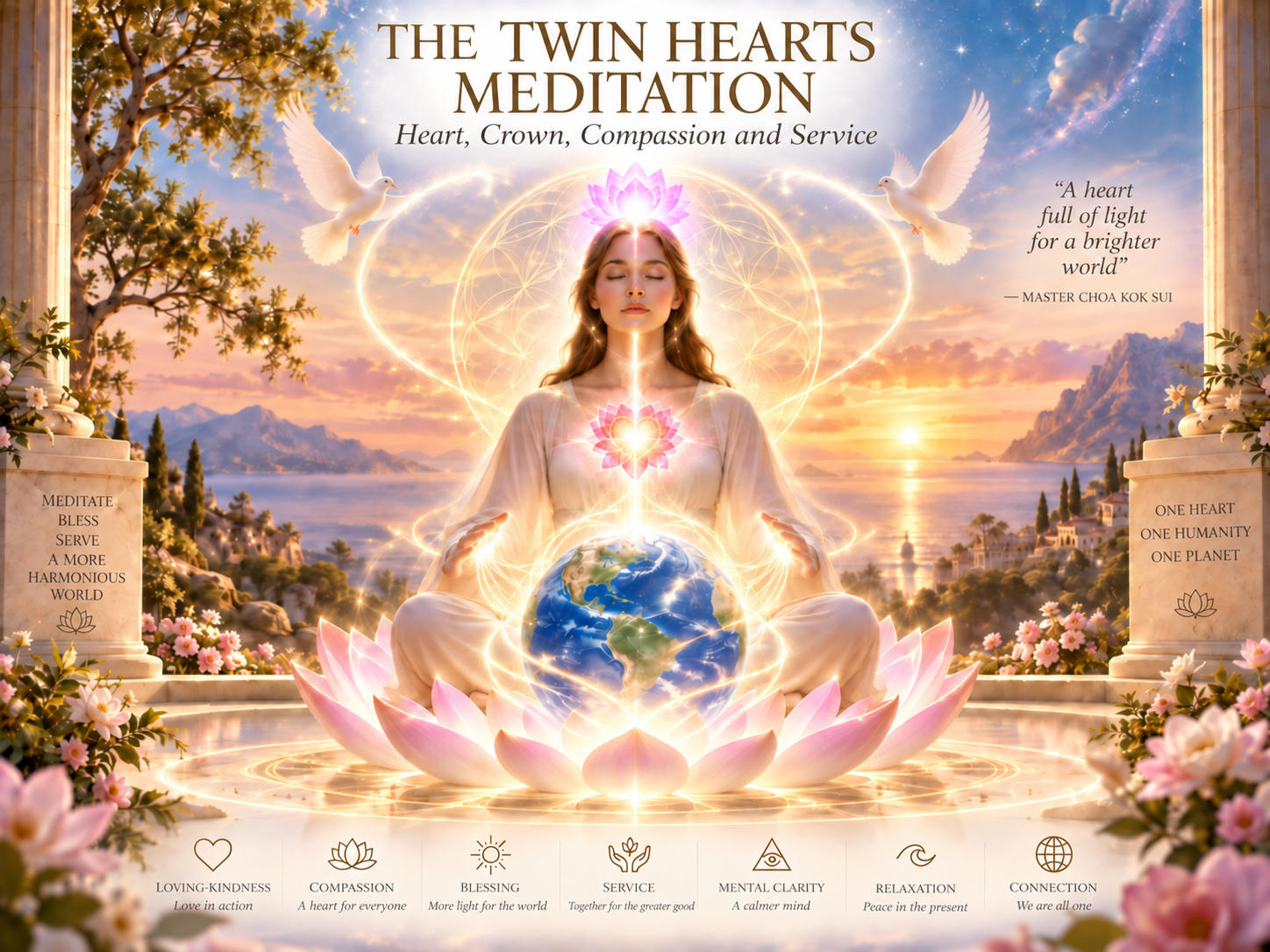 PATHS OF INNER GROWTH - Woman practicing the Twin Hearts Meditation, with the heart and crown centers illuminated while streams of light flow from her hands toward the Earth in a symbolic gesture of blessing, compassion, and service.