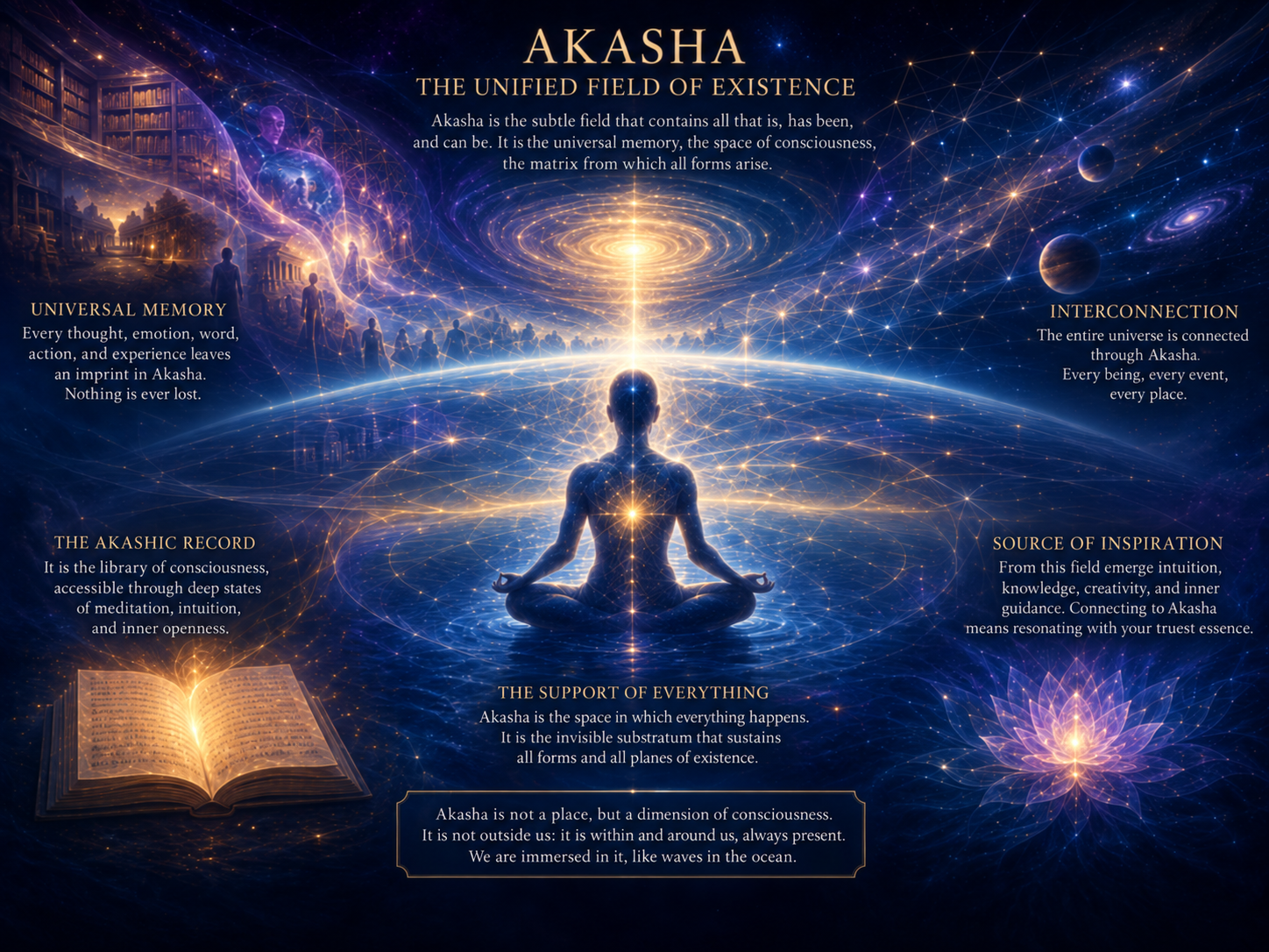 SELF KNOWLEDGE - Akasha infographic showing a meditating figure connected to a luminous cosmic network, with references to universal memory, the Akashic Record, interconnection, inspiration, and consciousness.
