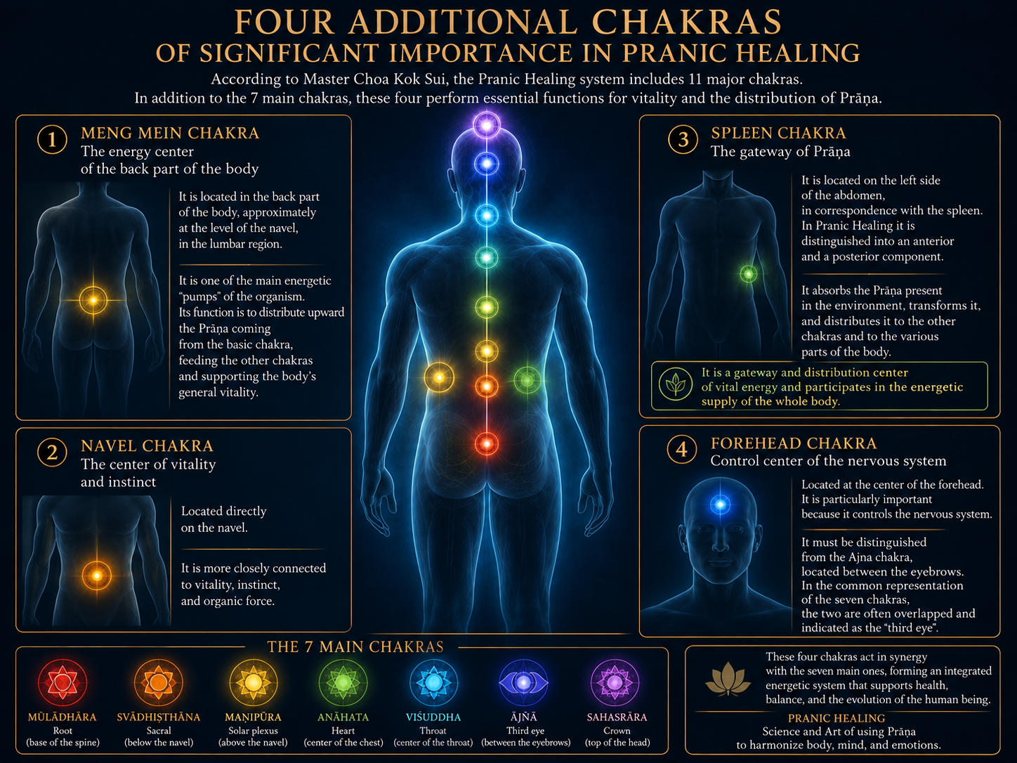 SELF-KNOWLEDGE - Infographic showing four additional chakras used in Pranic Healing—Meng Mein, Navel, Spleen, and Forehead—alongside the seven main chakras and their positions in the human energy system.