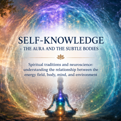 SELF-KNOWLEDGE - Illustration titled “Self-Knowledge – The Aura and the Subtle Bodies,” combining a meditating figure, a luminous energy field, ancient spiritual symbolism, a neural brain image, and DNA to represent the dialogue between spirituality and neuroscience.