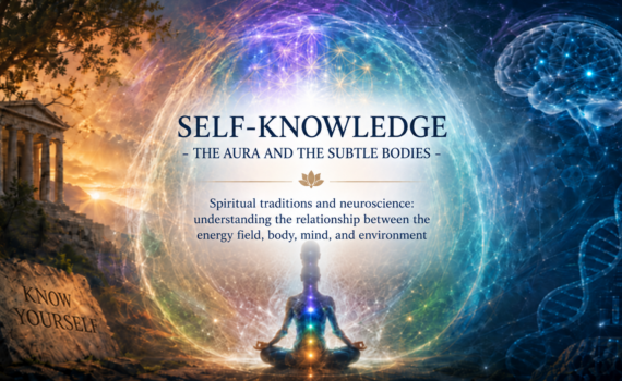 SELF-KNOWLEDGE - Illustration titled “Self-Knowledge – The Aura and the Subtle Bodies,” combining a meditating figure, a luminous energy field, ancient spiritual symbolism, a neural brain image, and DNA to represent the dialogue between spirituality and neuroscience.