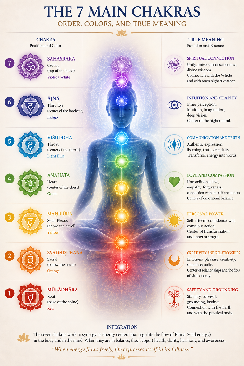 SELF-KNOWLEDGE - Infographic illustrating the seven main chakras, their positions, traditional colors, and symbolic meanings, from the root chakra to the crown chakra.