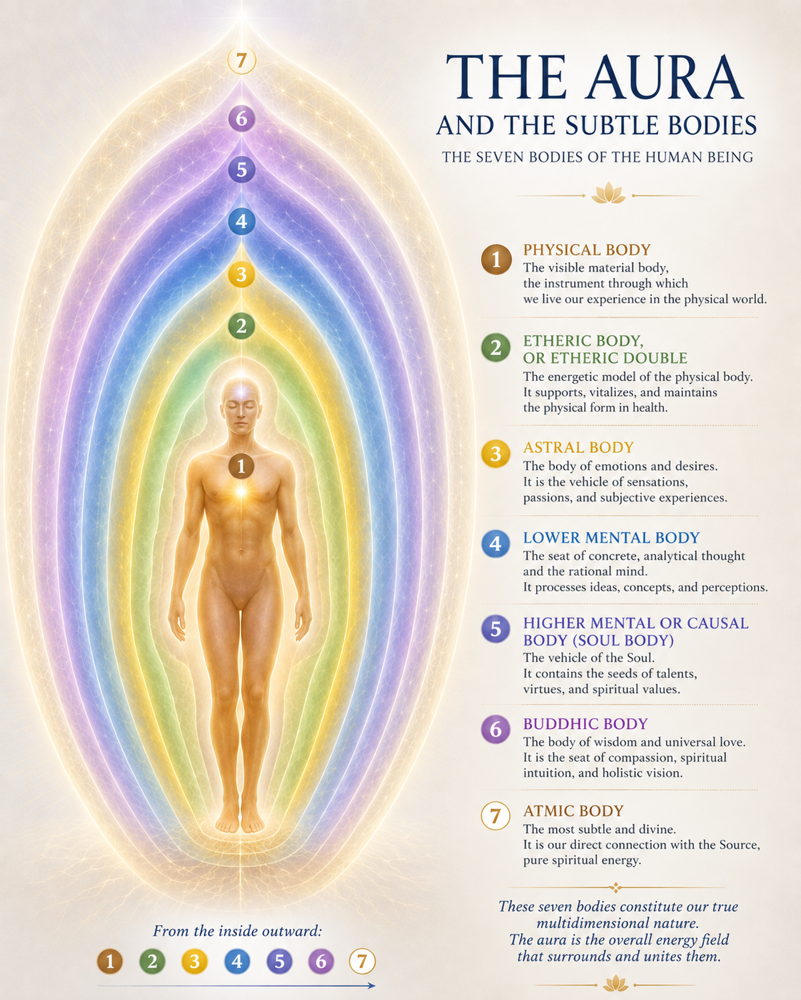 SELF-KNOWLEDGE - Infographic illustrating the aura and the seven subtle bodies as concentric luminous energy layers surrounding the human body, from the physical body to the atmic body.