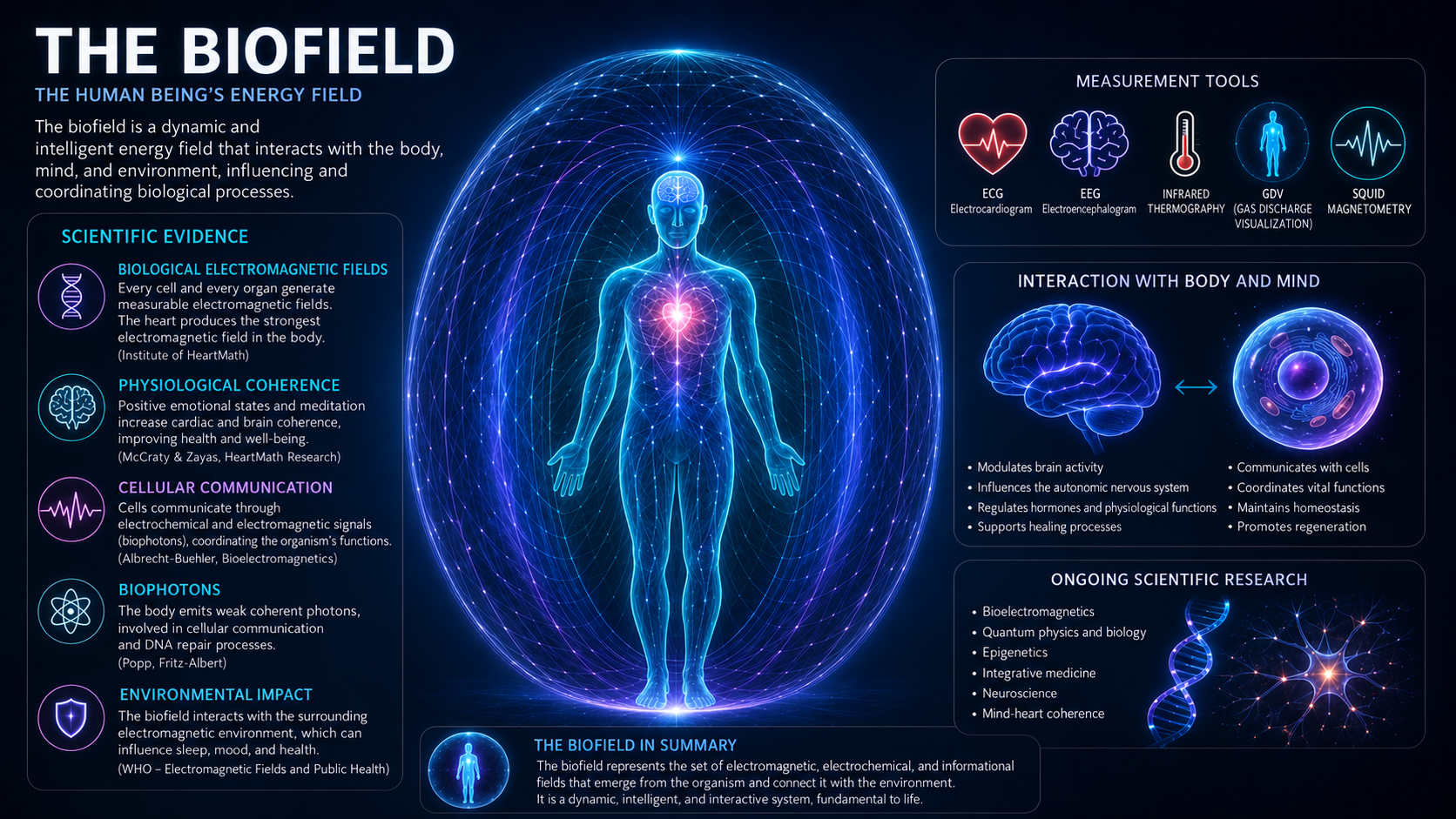 SELF-KNOWLEDGE - nfographic illustrating the human biofield as a luminous energy field surrounding the body, with references to electromagnetic activity, physiological coherence, cellular communication, biophotons, measurement tools, and ongoing research.