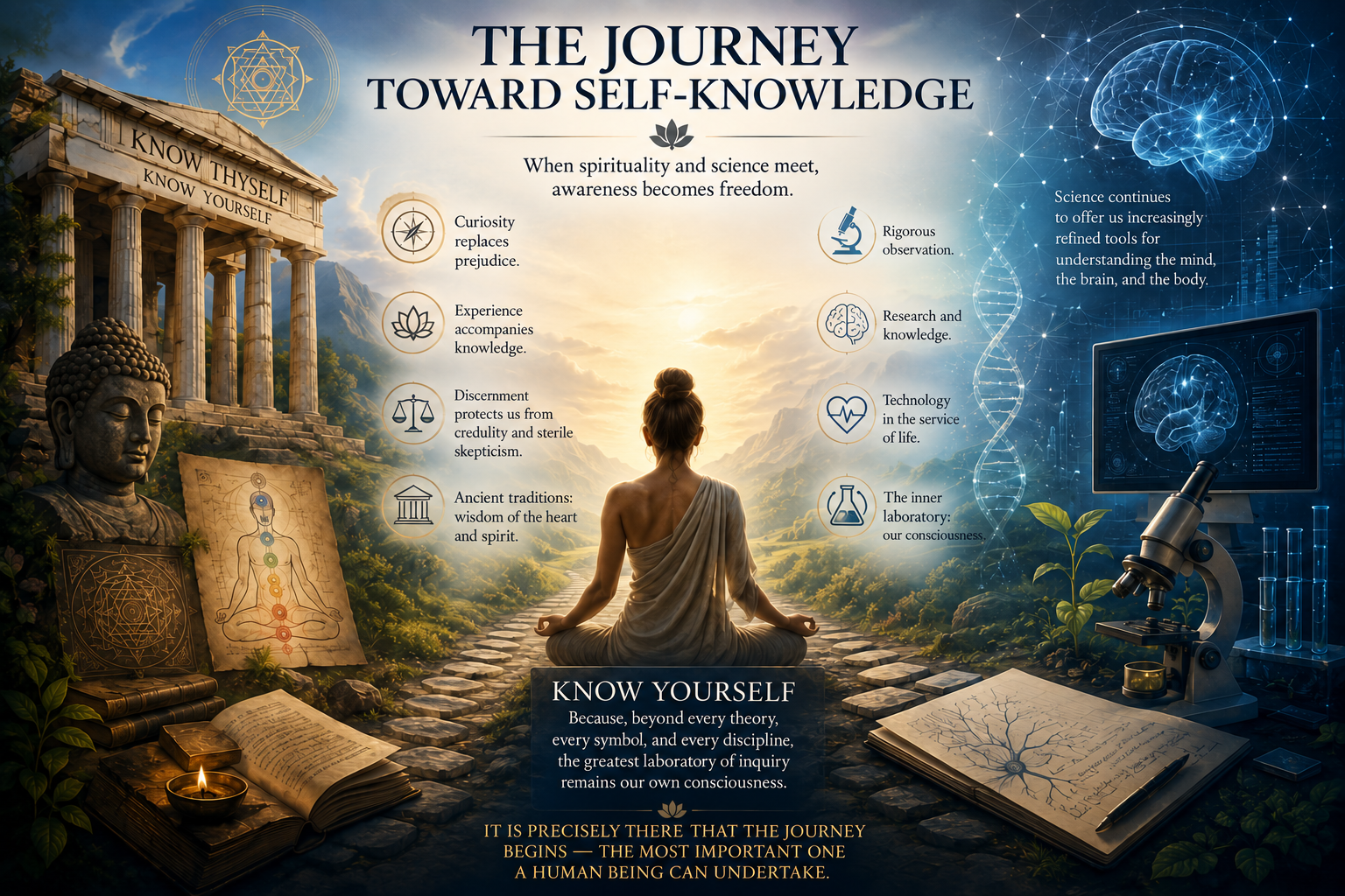 SELF-KNOWLEDGE - Illustration of the journey toward self-knowledge, combining ancient spiritual traditions, meditation, neuroscience, and scientific research around a central meditating figure.