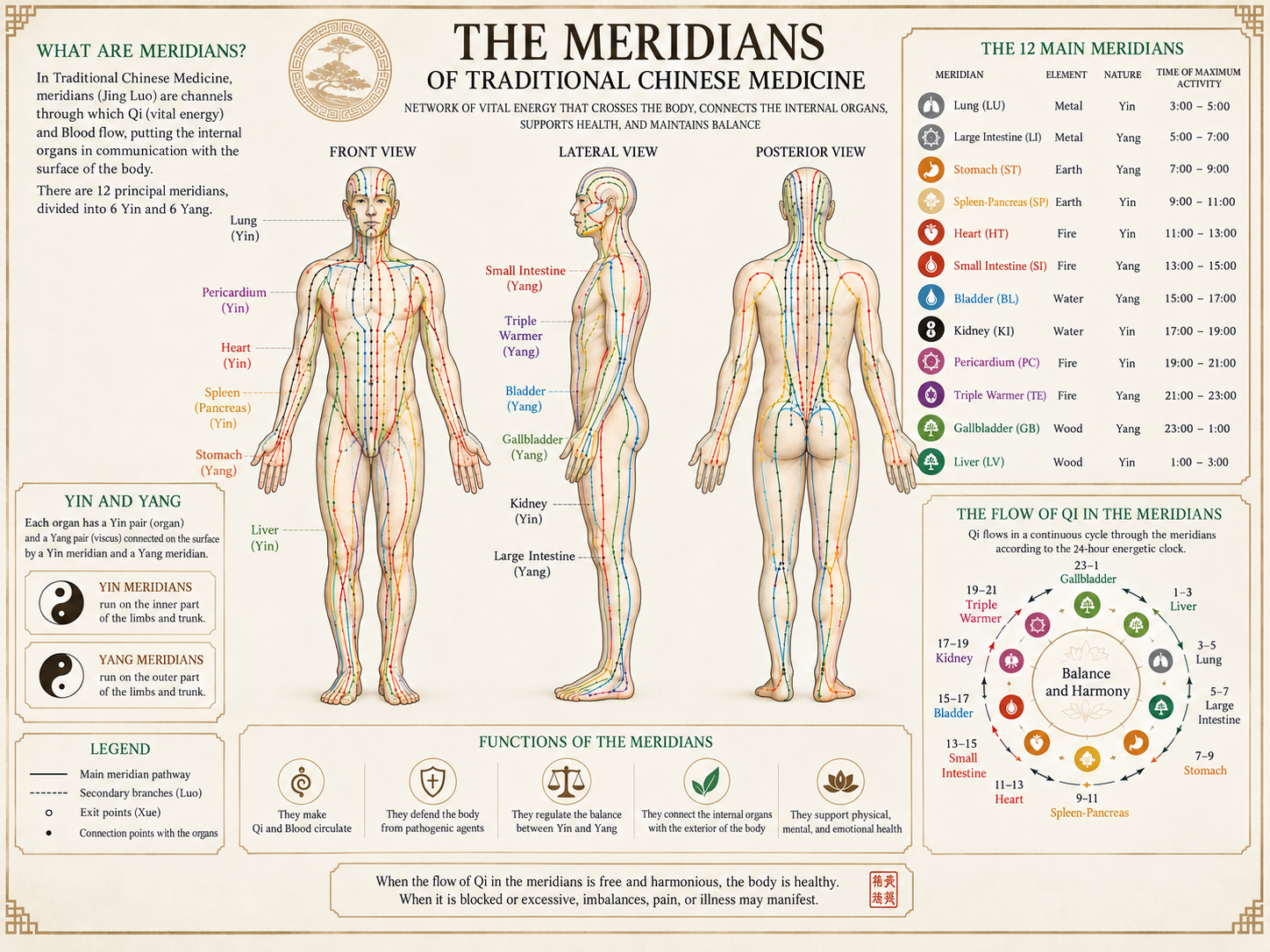 SELF-KNOWLEDGE - Infographic illustrating the 12 main meridians of Traditional Chinese Medicine, with front, side, and back views of the human body, meridian pathways, Yin and Yang classification, organ associations, and the 24-hour Qi cycle.