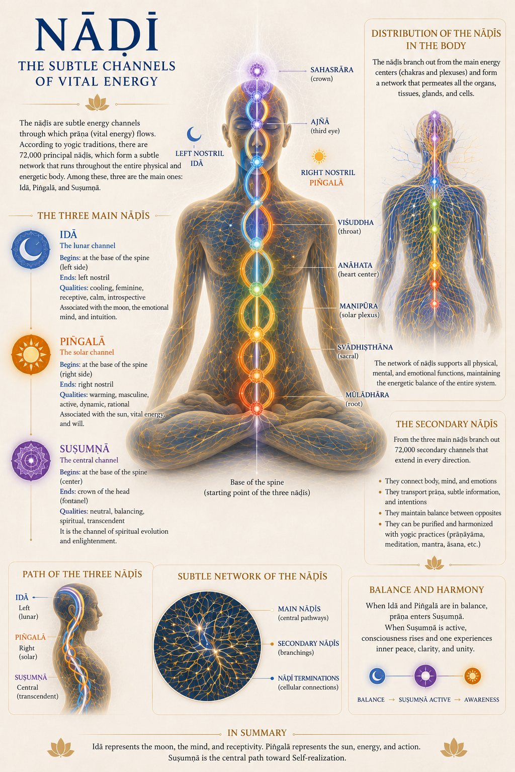 SELF-KNOWLEDGE - Infographic illustrating the three main nāḍīs—Idā, Piṅgalā, and Suṣumṇā—and their relationship with the chakras, prāṇa, subtle energy channels, and the energetic balance of the human body.