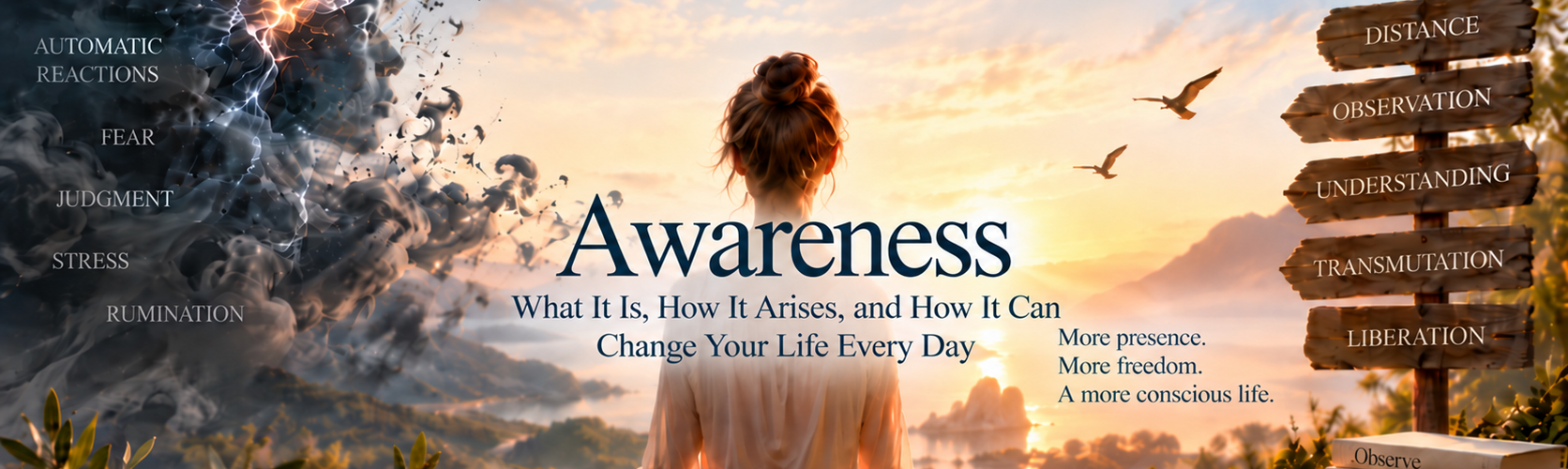 Awareness: What it is - Woman meditating at sunrise between automatic reactions and conscious awareness, symbolizing the journey from thoughts and emotions to observation, understanding and inner freedom.