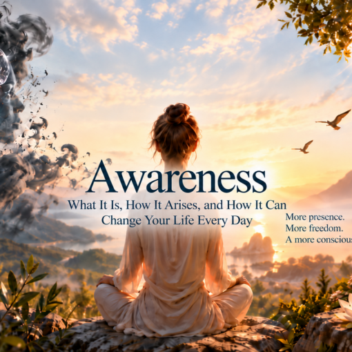 Awareness: What it is - Woman meditating at sunrise between automatic reactions and conscious awareness, symbolizing the journey from thoughts and emotions to observation, understanding and inner freedom.