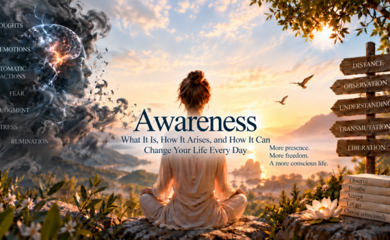 Awareness: What it is - Woman meditating at sunrise between automatic reactions and conscious awareness, symbolizing the journey from thoughts and emotions to observation, understanding and inner freedom.
