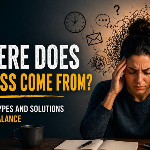 Where stress comes from: Woman experiencing stress with neuroscience brain illustration and emotional overload concept
