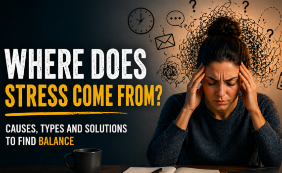 Where stress comes from: Woman experiencing stress with neuroscience brain illustration and emotional overload concept