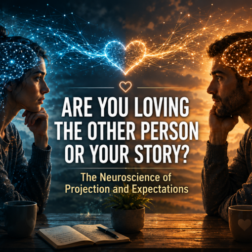Are You Loving the Other Person or Your Story? - illustration depicting two people facing each other while glowing neural networks connect their brains, symbolizing how attachment, predictive processing, emotional memories, and expectations shape human relationships and social perception.