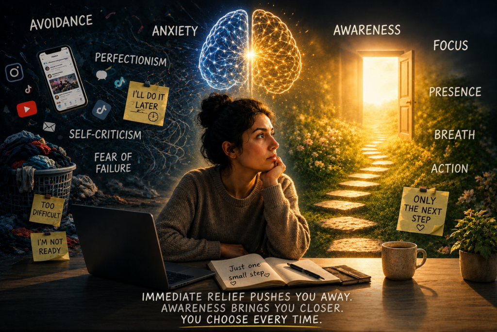 The relief that comes at A cost - Woman sitting at a desk between a dark world of procrastination and a bright path of awareness, with a glowing brain symbolising the choice between avoidance and mindful action.