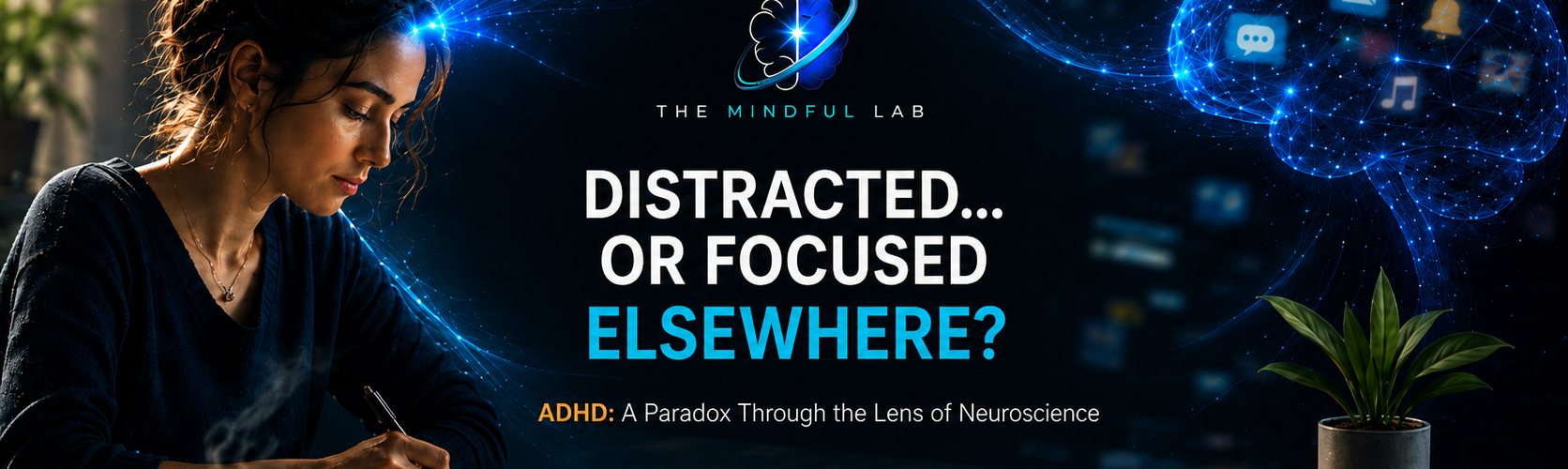 DISTRACTED... OR FOCUSED ELSEWHERE? ADHD - Woman writing beside a digital brain network illustrating distraction, attention and adult ADHD