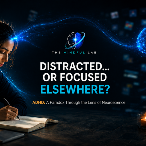 DISTRACTED... OR FOCUSED ELSEWHERE? ADHD - Woman writing beside a digital brain network illustrating distraction, attention and adult ADHD