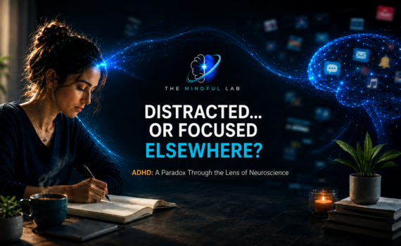 DISTRACTED... OR FOCUSED ELSEWHERE? ADHD - Woman writing beside a digital brain network illustrating distraction, attention and adult ADHD