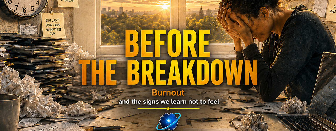 Before The Breakdown: Burnout - Tired person sitting by a window in a bright home office, pausing away from work while a cluttered desk suggests stress, overload, and burnout.