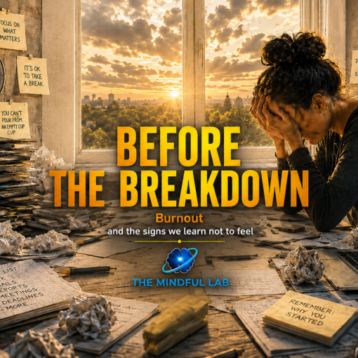 Before The Breakdown: Burnout - Tired person sitting by a window in a bright home office, pausing away from work while a cluttered desk suggests stress, overload, and burnout.