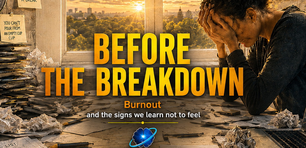 Before The Breakdown: Burnout - Tired person sitting by a window in a bright home office, pausing away from work while a cluttered desk suggests stress, overload, and burnout.