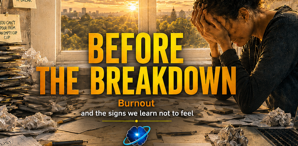 Before The Breakdown: Burnout - Tired person sitting by a window in a bright home office, pausing away from work while a cluttered desk suggests stress, overload, and burnout.