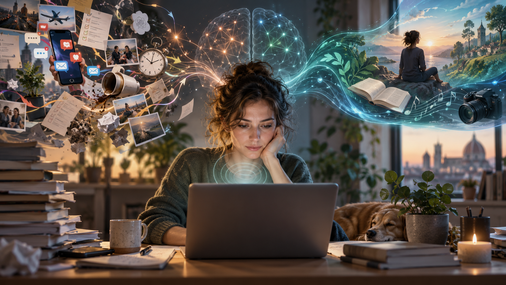 DISTRACTED... OR FOCUSED ELSEWHERE? ADHD - Woman working at a laptop surrounded by distractions, neural networks and hyperfocus imagery representing adult ADHD