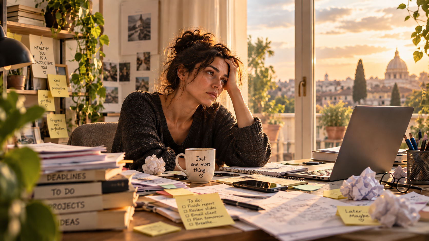 Before The Breakdown: Burnout - Exhausted person sitting at a cluttered desk surrounded by paperwork, notifications, and work-related demands, illustrating chronic stress and burnout.