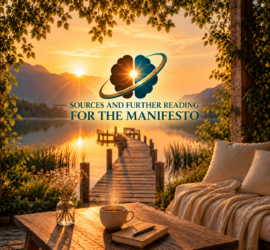 Sunset over a peaceful lake with a wooden pier, an open landscape, a notebook, a cup of tea, and The Mindful Lab logo with the title "Sources and Further Reading for the Manifesto".
