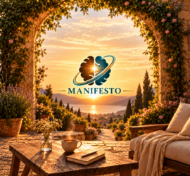 The Mindful Lab Manifesto logo beneath a flower-covered stone arch, overlooking a peaceful lake at sunset, with a notebook and coffee on a wooden table.